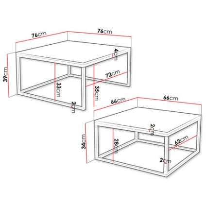Dve obdĺžnikové konferenčné stolíky s kovovou konštrukciou a drevenou doskou sú znázornené s rozmermi: väčší (76x76x39cm, výška 4cm, nohy 33x35cm), menší (66x66x34cm, výška 2cm, nohy 28x62cm).