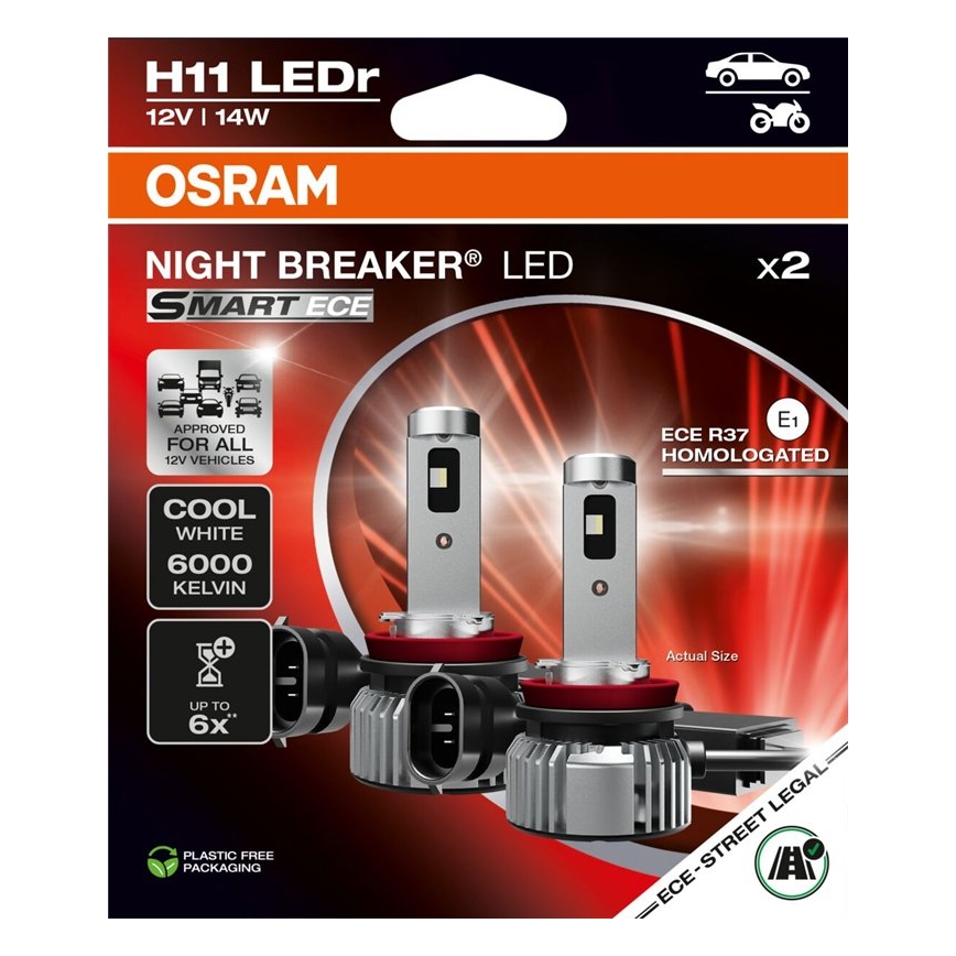 SADA 2x LED autožiaroviek NIGHT BREAKER SMART H11 PGJ19-2/14W/12V 6000K - Osram