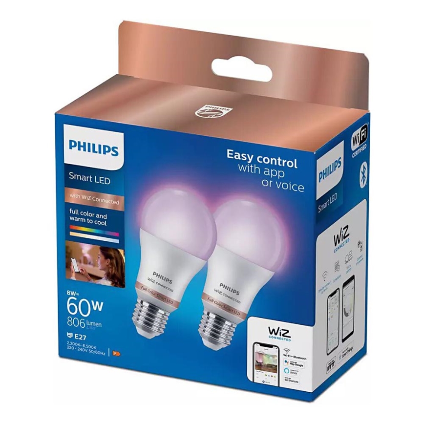 SADA 2x LED RGB Stmievateľná žiarovka Philips A60 E27/8W/230V Wi-Fi