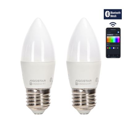 SADA 2x LED RGBW Stmievateľná žiarovka MESH Smart C37 E27/6,5W/230V 2700-6500K + diaľkové ovládanie - Aigostar