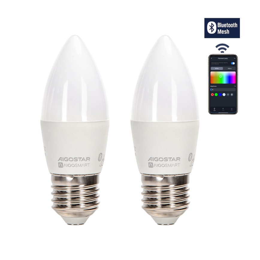 SADA 2x LED RGBW Stmievateľná žiarovka MESH Smart C37 E27/6,5W/230V 2700-6500K + diaľkové ovládanie - Aigostar