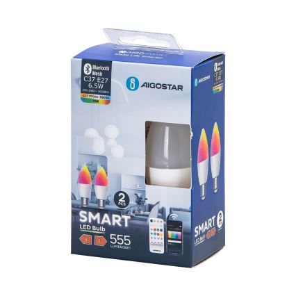 SADA 2x LED RGBW Stmievateľná žiarovka MESH Smart C37 E27/6,5W/230V 2700-6500K + diaľkové ovládanie - Aigostar