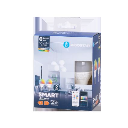 SADA 2x LED RGBW Stmievateľná žiarovka MESH Smart G45 E14/6,5W/230V 2700-6500K + diaľkové ovládanie - Aigostar