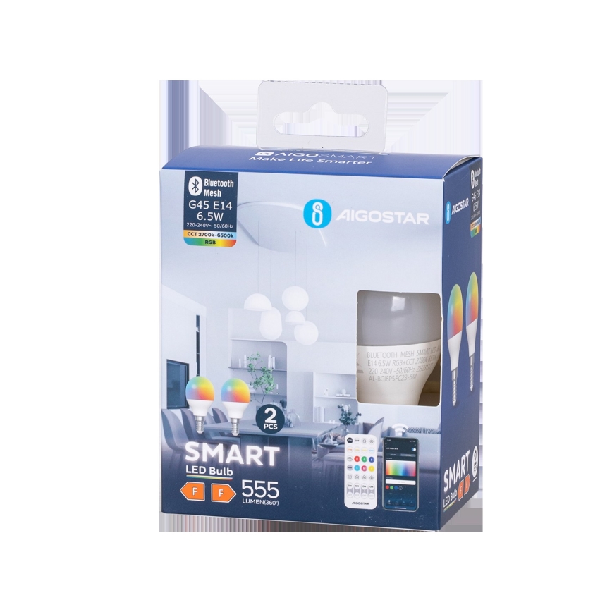 SADA 2x LED RGBW Stmievateľná žiarovka MESH Smart G45 E14/6,5W/230V 2700-6500K + diaľkové ovládanie - Aigostar