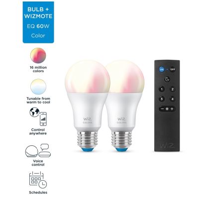 SADA 2x LED RGBW Stmievateľná žiarovka A60 E27/8,5W/230V 2200-6500K Wi-Fi + diaľkové ovládanie - WiZ