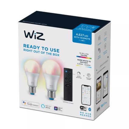 SADA 2x LED RGBW Stmievateľná žiarovka A60 E27/8,5W/230V 2200-6500K Wi-Fi + diaľkové ovládanie - WiZ