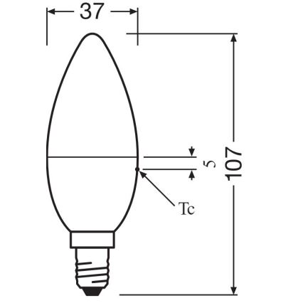 LED žiarovka tvaru sviečky je znázornená s rozmermi: výška 107 mm, šírka 37 mm, priemer v najužšom mieste 5 mm. Je zobrazený aj technický údaj Tc.