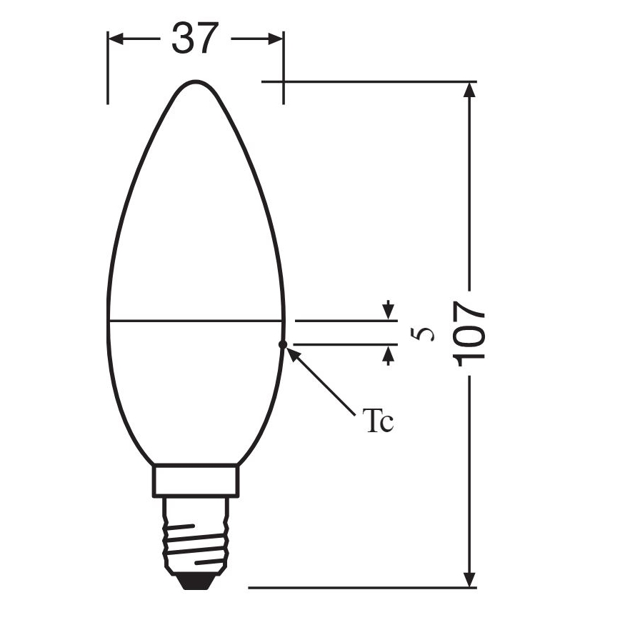 LED žiarovka tvaru sviečky je znázornená s rozmermi: výška 107 mm, šírka 37 mm, priemer v najužšom mieste 5 mm. Je zobrazený aj technický údaj Tc.