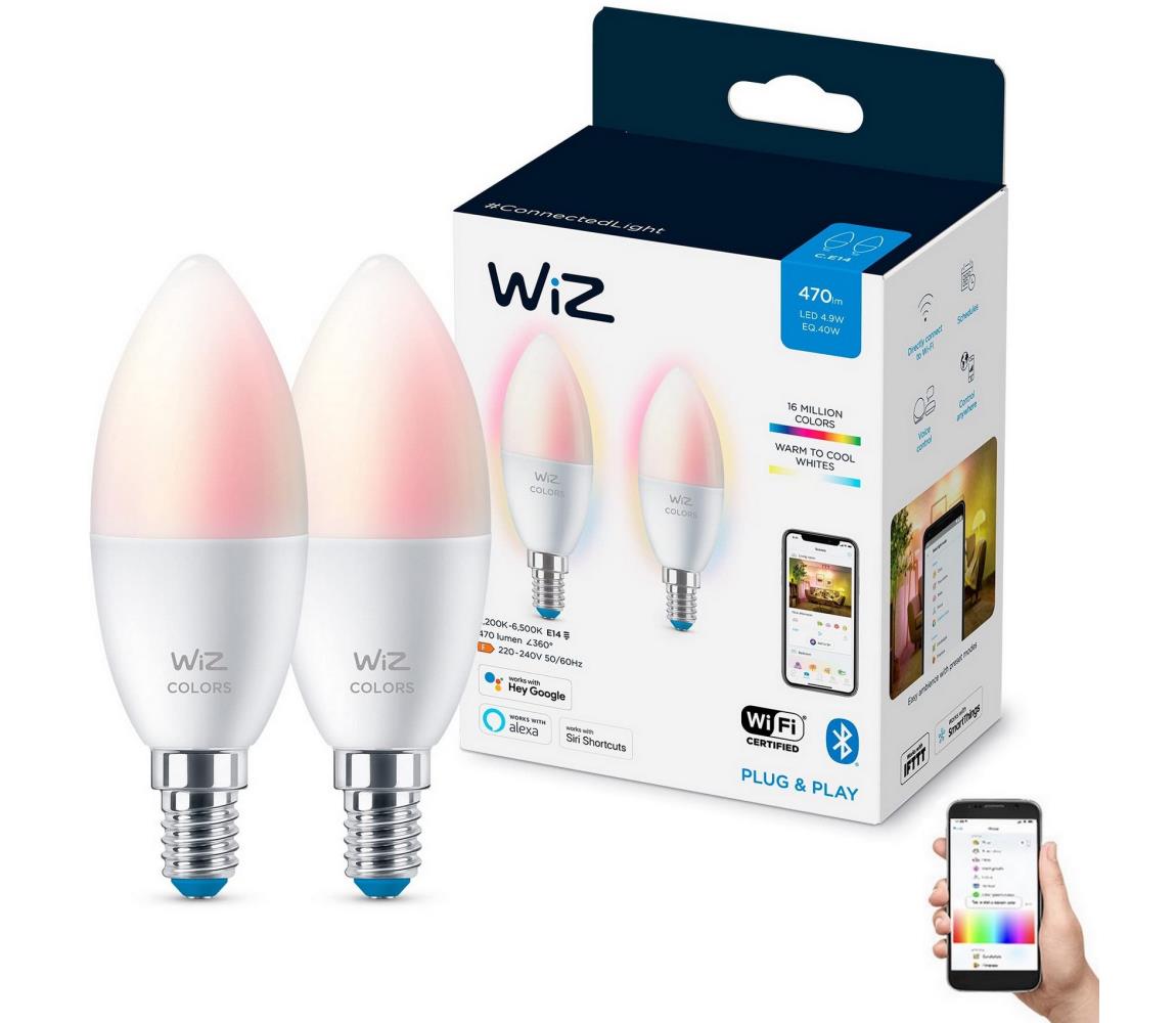 SADA 2x LED RGBW Stmievateľná žiarovka C37 E14/4,9W/230V 2200-6500K Wi-Fi - WiZ 871951455127501