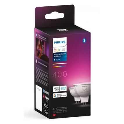 Balenie s dvoma inteligentnými LED žiarovkami Philips Hue zobrazuje ich funkcie: biela a farebná atmosféra, kompatibilita s Bluetooth, Zigbee, Alexou a Google Home. Na balení je uvedený svetelný tok 400 lúmenov a ďalšie technické parametre.