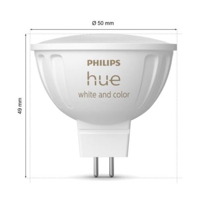 Žiarovka Philips Hue white and color s rozmermi Ø 50 mm a 49 mm je zobrazená na bielom pozadí s vyznačenými rozmermi.