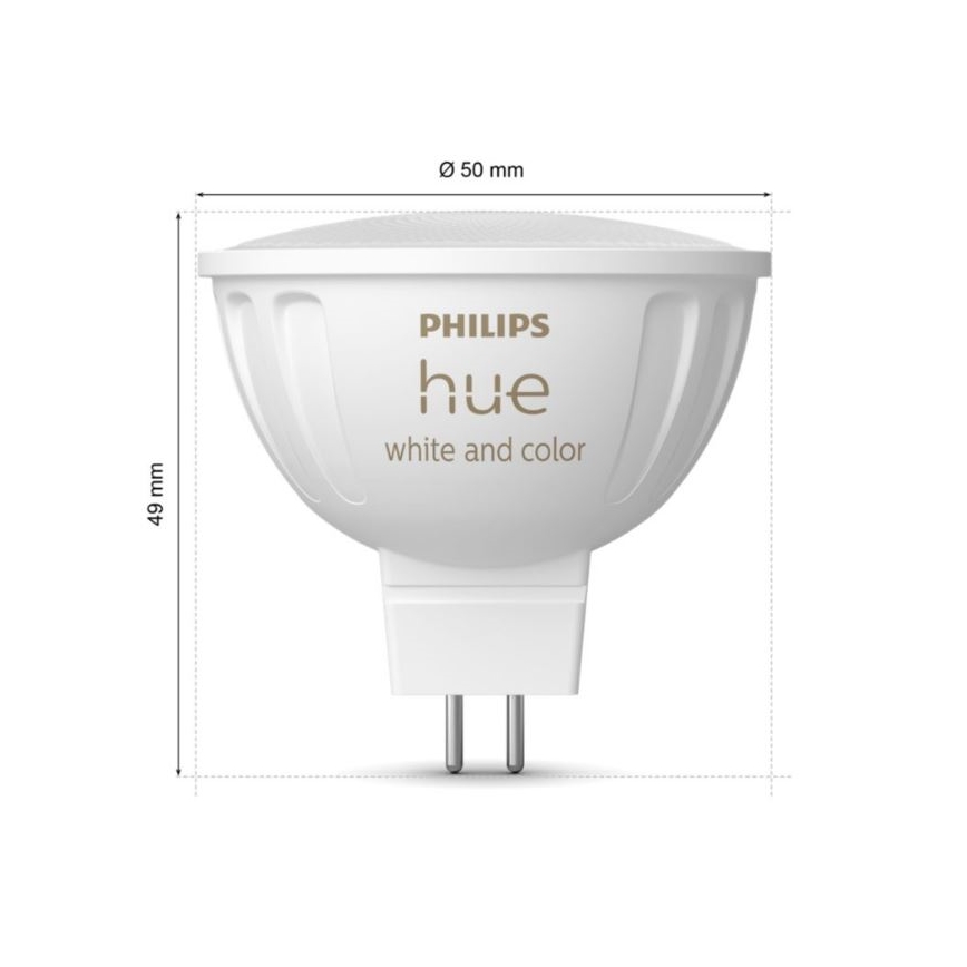 Žiarovka Philips Hue white and color s rozmermi Ø 50 mm a 49 mm je zobrazená na bielom pozadí s vyznačenými rozmermi.