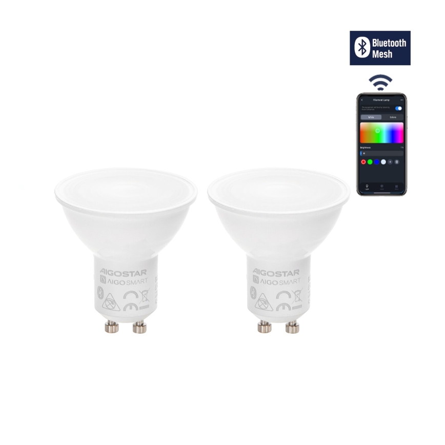 Dve biele LED žiarovky s označením AIGOSTAR AIGO SMART sa ovládajú prostredníctvom mobilnej aplikácie s Bluetooth Mesh technológiou. Žiarovky sú zobrazené na bielom pozadí.