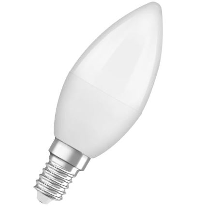LED žiarovka tvaru sviečky s kovovou závitovou objímkou je zobrazená na bielom pozadí. Žiarovka je naklonená.