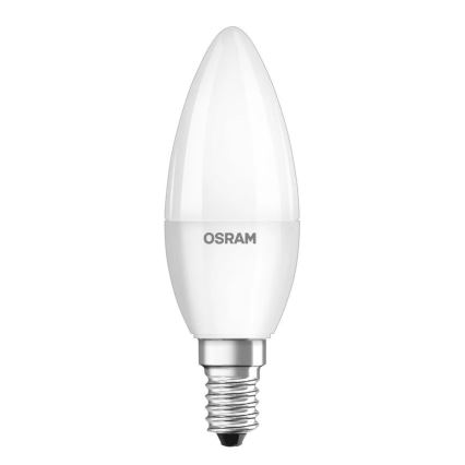 LED žiarovka tvaru sviečky značky OSRAM s malým skrutkovým závitom je zobrazená na bielom pozadí.