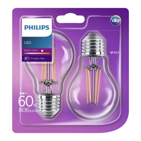 SADA 2x LED žiarovka E27/6W/230V 2700K - Philips