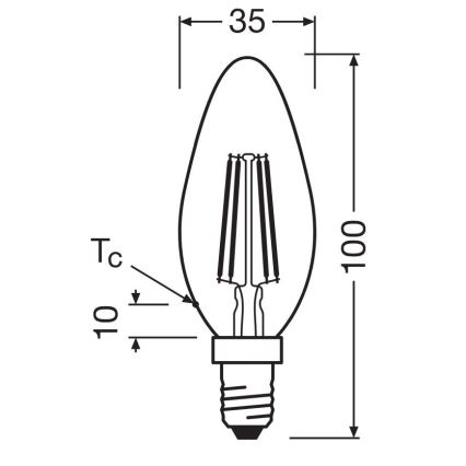 LED žiarovka tvaru kvapky s rozmermi 35 x 100 mm a päticou E14, je zobrazená s technickou ilustráciou a rozmermi. Uvedená je aj vzdialenosť Tc 10 mm.