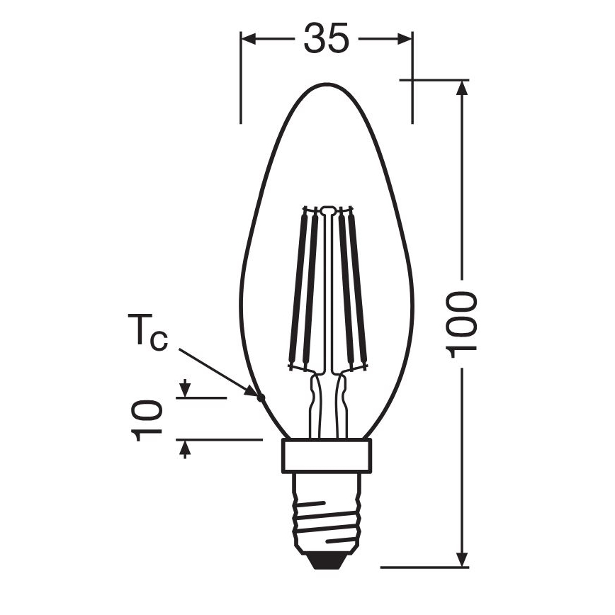 LED žiarovka tvaru kvapky s rozmermi 35 x 100 mm a päticou E14, je zobrazená s technickou ilustráciou a rozmermi. Uvedená je aj vzdialenosť Tc 10 mm.