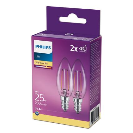 SADA 2x LED Žiarovka Philips B35 E14/2W/230V 2700K