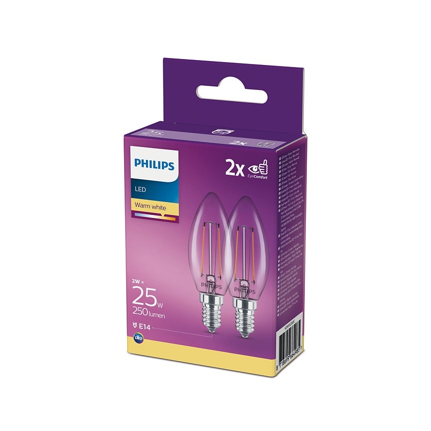 SADA 2x LED Žiarovka Philips B35 E14/2W/230V 2700K