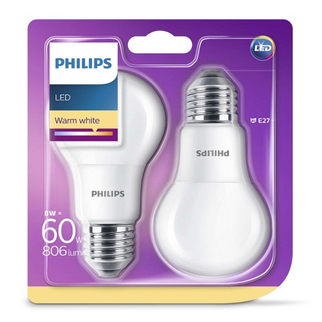 SADA 2x LED žiarovka Philips E27/8W/230V 2700K