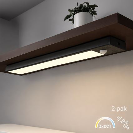 SADA 2x LED nabíjateľné osvetlenie nábytku so senzorom pohybu a súmraku VIRO LED/1,2W/3,7V 800 mAh 3000/4000/6500K 30 cm čierne