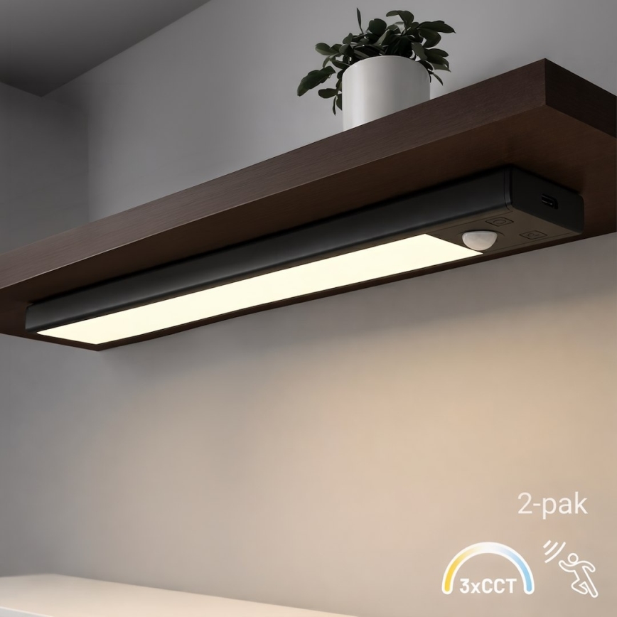 SADA 2x LED nabíjateľné osvetlenie nábytku so senzorom pohybu a súmraku VIRO LED/1,2W/3,7V 800 mAh 3000/4000/6500K 30 cm čierne