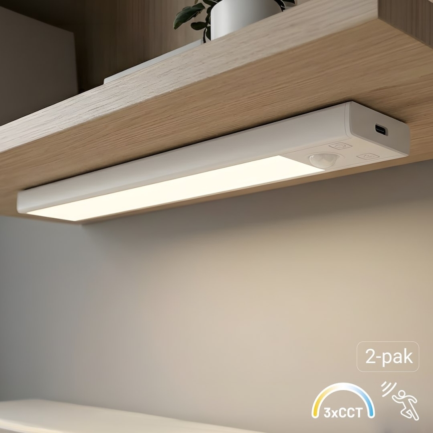 SADA 2x Nabíjateľné osvetlenie nábytku s pohybovým a súmrakovým senzorom VIRO LED/1W/3,7V 800 mAh 3000/4000/6500K 20 cm biela