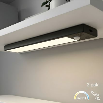 SADA 2x LED nabíjateľné osvetlenie do nábytku s pohybovým a súmrakovým senzorom VIRO LED/1W/3,7V 800 mAh 3000/4000/6500K 20 cm čierna