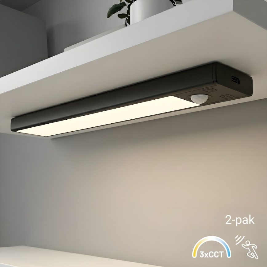 SADA 2x LED nabíjateľné osvetlenie do nábytku s pohybovým a súmrakovým senzorom VIRO LED/1W/3,7V 800 mAh 3000/4000/6500K 20 cm čierna
