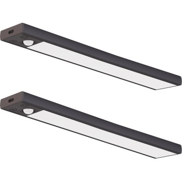 Sada 2x nabíjateľných LED svetiel do nábytku s pohybovým a súmrakovým senzorom VIRO, 1,2 W/3,7 V, 800 mAh, 3000/4000/6500 K, 30 cm, čierna