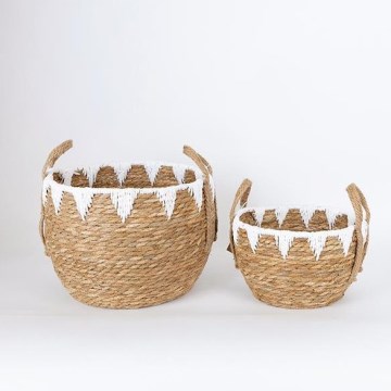SADA 2x Slamený košík béžová/biela 32x16,5x18/24x23,5x26 cm