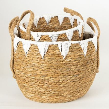 SADA 2x Slamený košík béžová/biela 32x16,5x18/24x23,5x26 cm