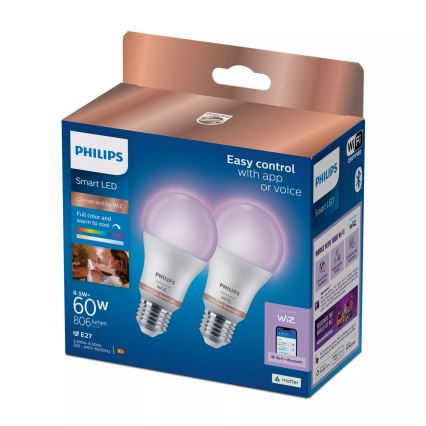 SADA 2x LED RGB stmievateľná žiarovka Philips SMART A60 E27/8,5W/230V 2200-6500K