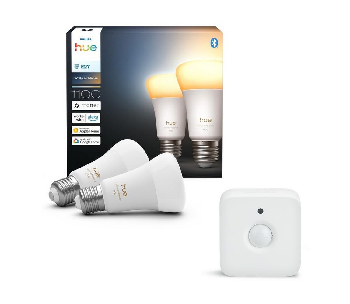 Sada 2x stmievateľných LED žiaroviek Philips Hue WHITE AMBIANCE E27/8,1W/230V + pohybový senzor P7024+P2374