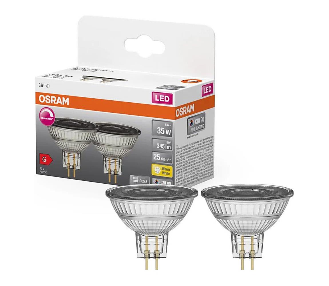 Sada 2× LED stmievateľných reflektorových žiaroviek MR16 GU5,3/5W/12V 2700K 36° CRI 90 - Osram 4099854103377