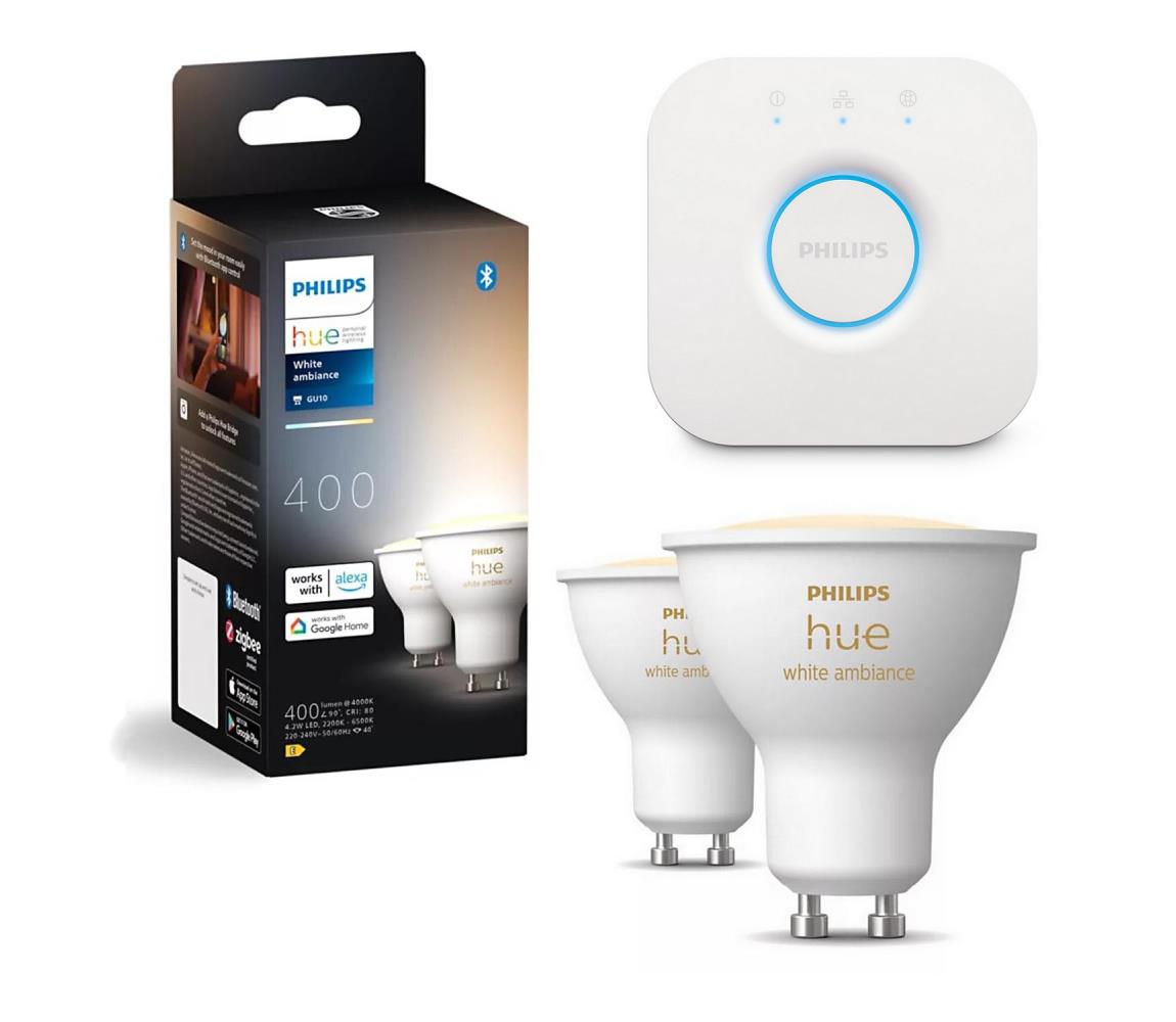 Sada 2× stmievateľných LED žiaroviek Philips Hue White Ambiance GU10/4,2W/230V + Hue Bridge P6173+P1408