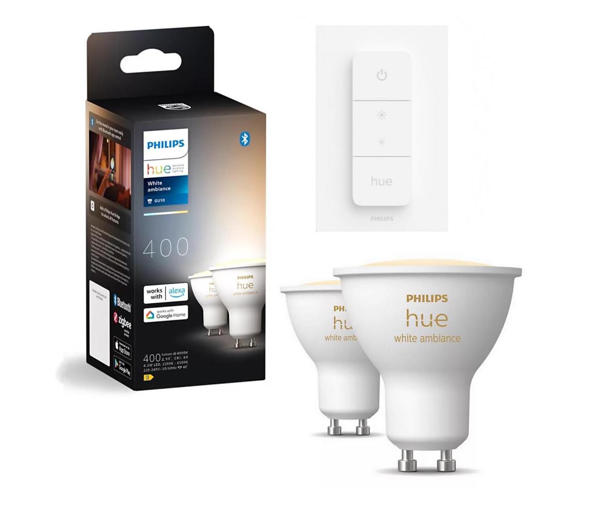 Sada 2× stmievateľných LED žiaroviek Philips Hue White Ambiance GU10/4,2W/230V + stmievač P6173+P4252
