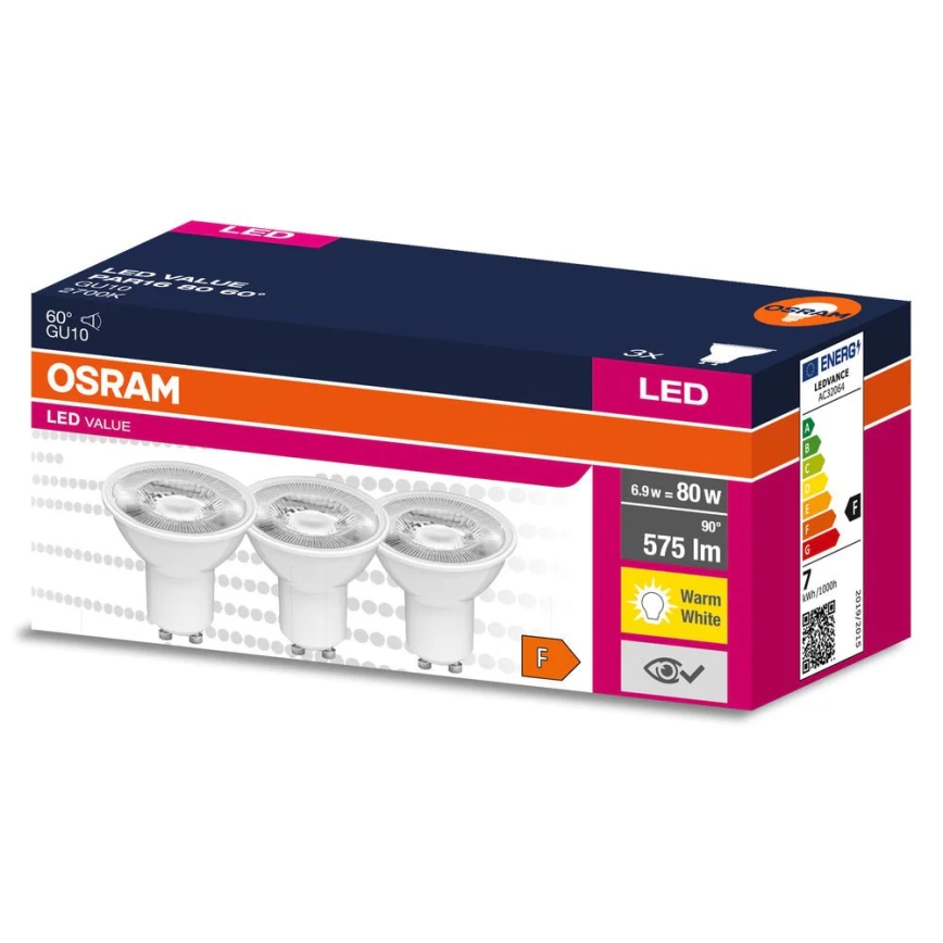 SADA 3 ks LED reflektorových žiaroviek PAR16 GU10, 6,9 W, 230 V, 2700 K, 60° - Osram
