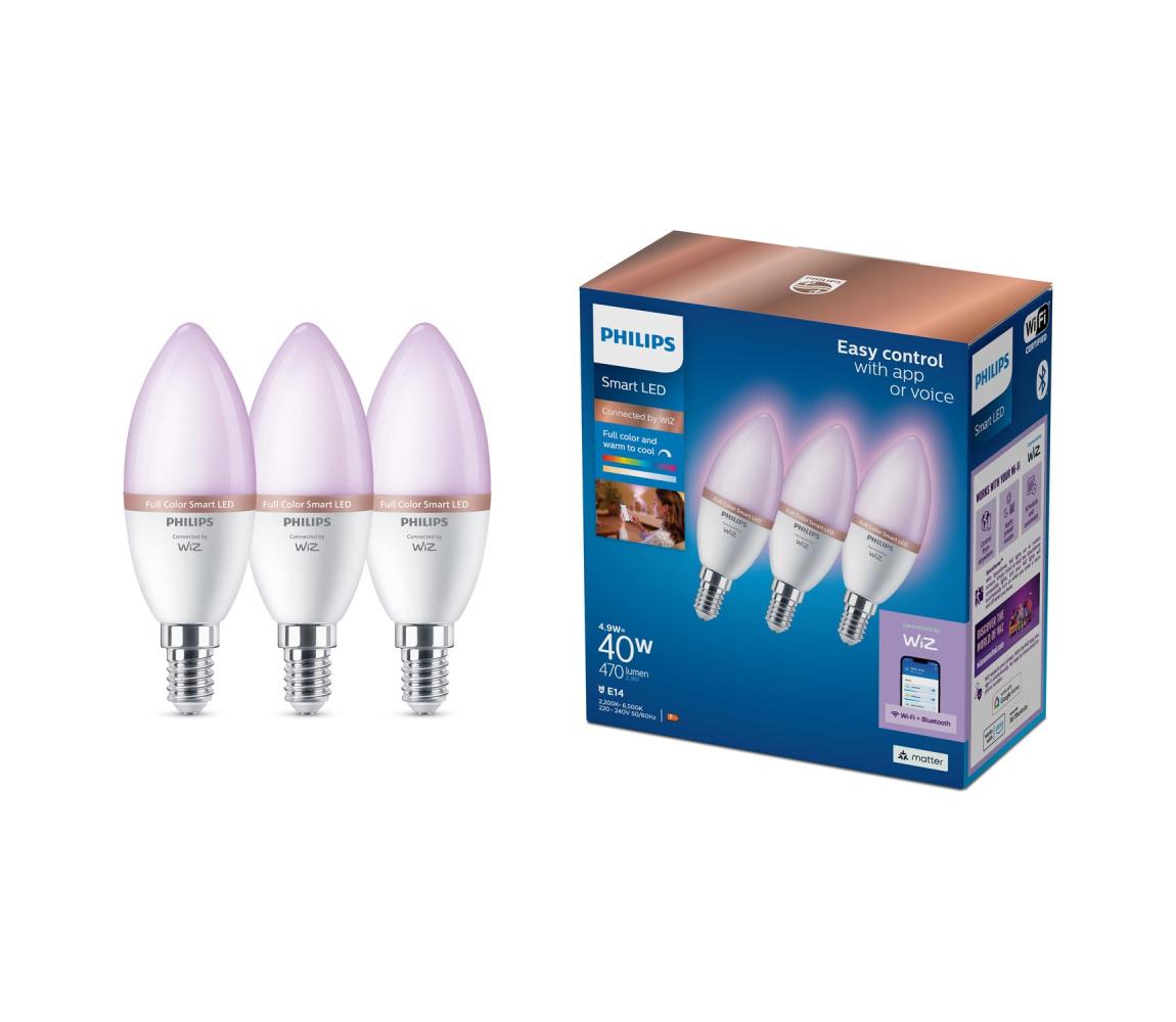 Sada 3 ks LED RGB stmievateľných žiaroviek Philips SMART C37 E14/4,9W/230V 2200-6500K 8720169210318