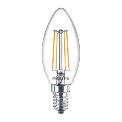LED žiarovka tvaru sviečky s viditeľnými vláknami Philips svieti na bielom pozadí.
