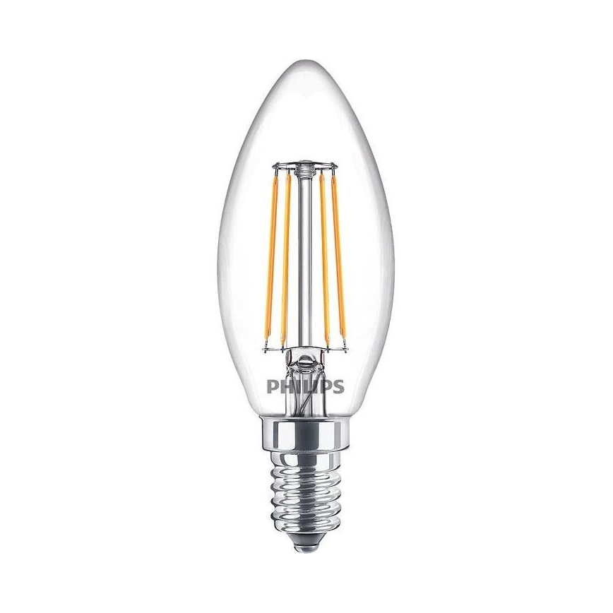 LED žiarovka tvaru sviečky s viditeľnými vláknami Philips svieti na bielom pozadí.