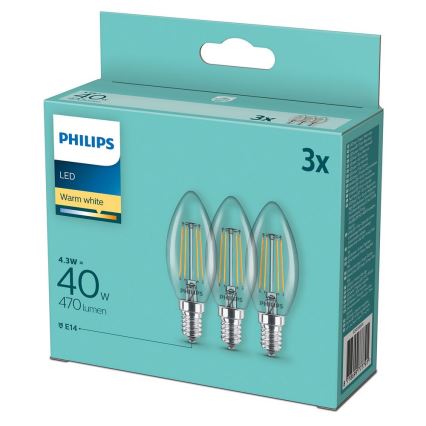Tri LED žiarovky Philips s teplým bielym svetlom (4,3 W = 40 W, 470 lúmenov, E14) sú umiestnené v kartónovej krabici.