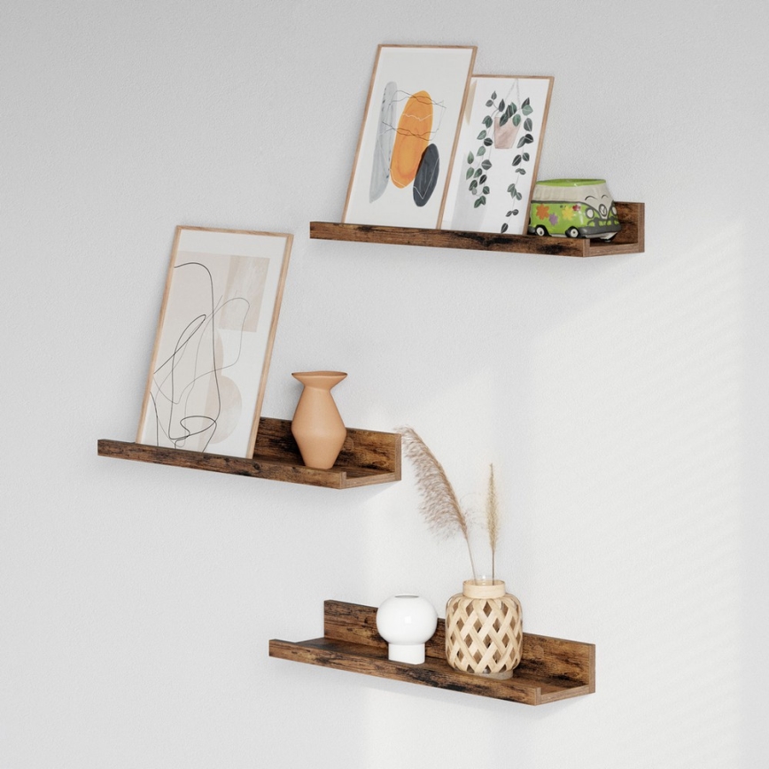 Sada 3 ks nástenných políc SHELFY 38x5x10 cm hnedá