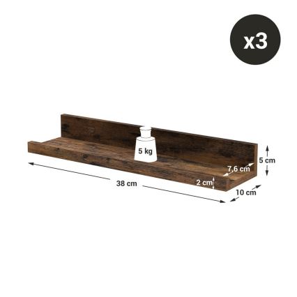 Sada 3 ks nástenných políc SHELFY 38x5x10 cm hnedá