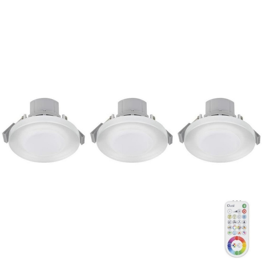 Tri kruhové LED svietidlá s bielym difúzorom a sivým rámikom sú zobrazené na bielom pozadí. Svietidlá sú umiestnené vedľa seba v jednej línii.