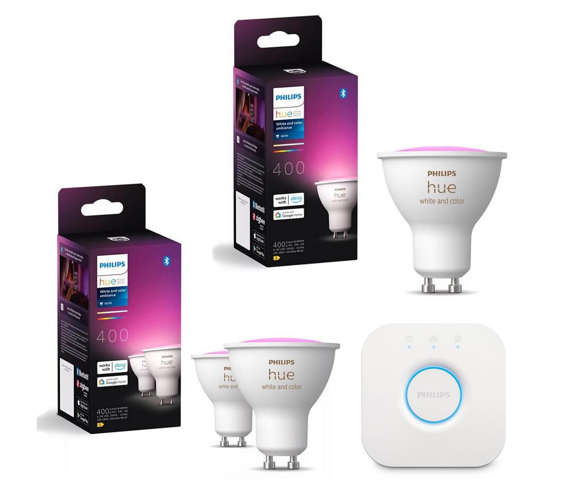 Sada 3x LED RGBW stmievateľné žiarovky Philips Hue WACA GU10/4,2W/230V+ Hue bridge P6175+P6176+P1408