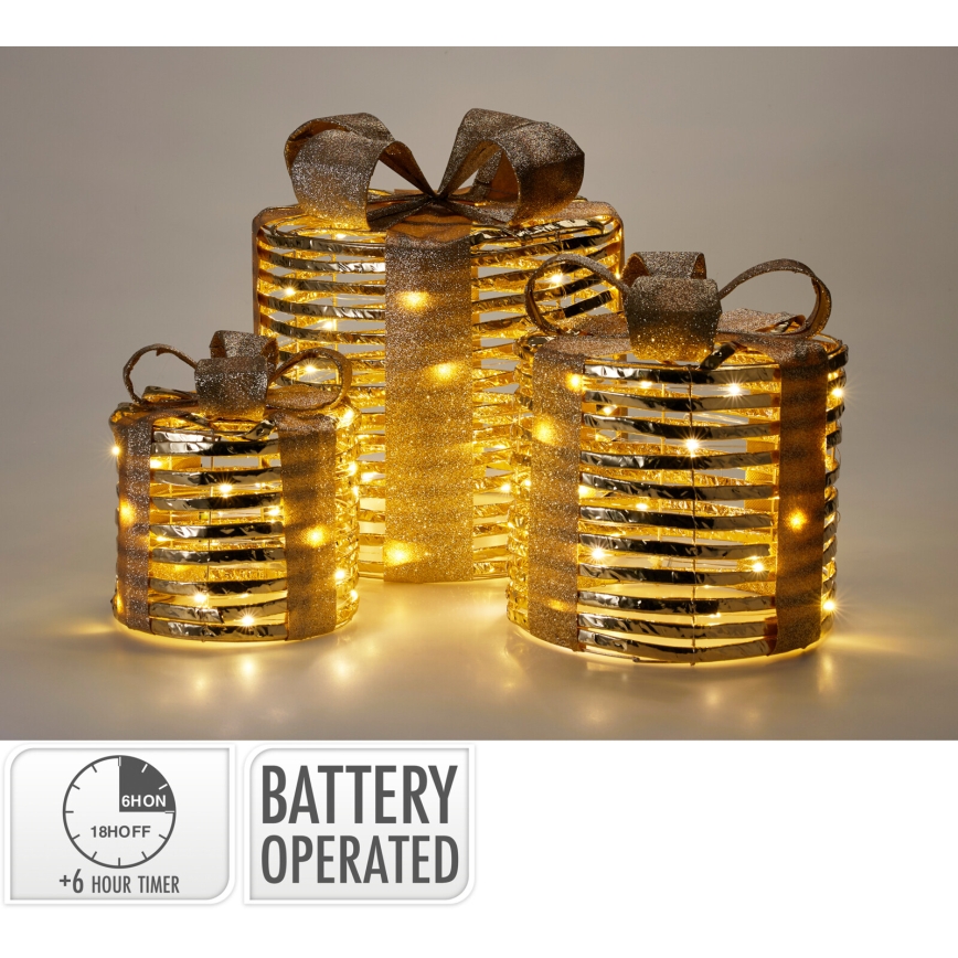 SADA 3x LED vianočných dekorácií 20xLED/2xAA + 30xLED/3xAA + 40xLED/3xAA teplá biela darčeky/zlatá