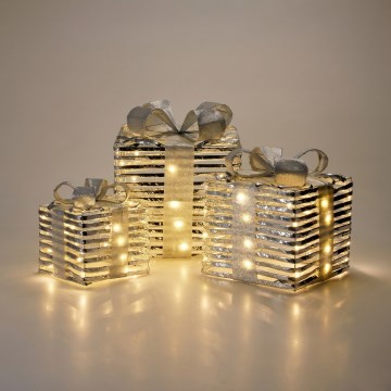 SADA 3x LED vianočných dekorácií 20xLED/2xAA + 30xLED/3xAA + 40xLED/3xAA teplá biela darčeky/strieborná
