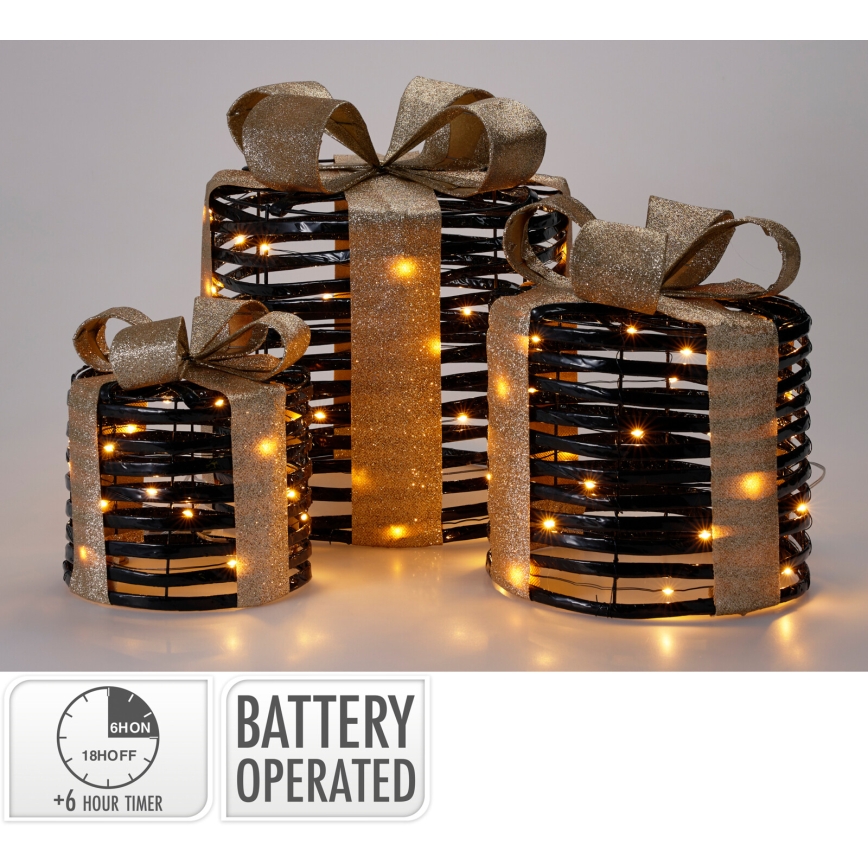 SADA 3x LED Vianočné dekorácie 20xLED/2xAA + 30xLED/3xAA + 40xLED/3xAA teplá biela darčeky/čierna